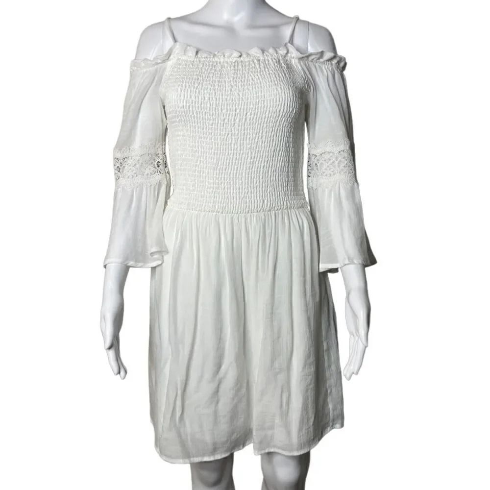 I.N. San Francisco Smocked Cold Shoulder Dress Paper White Size Medium
